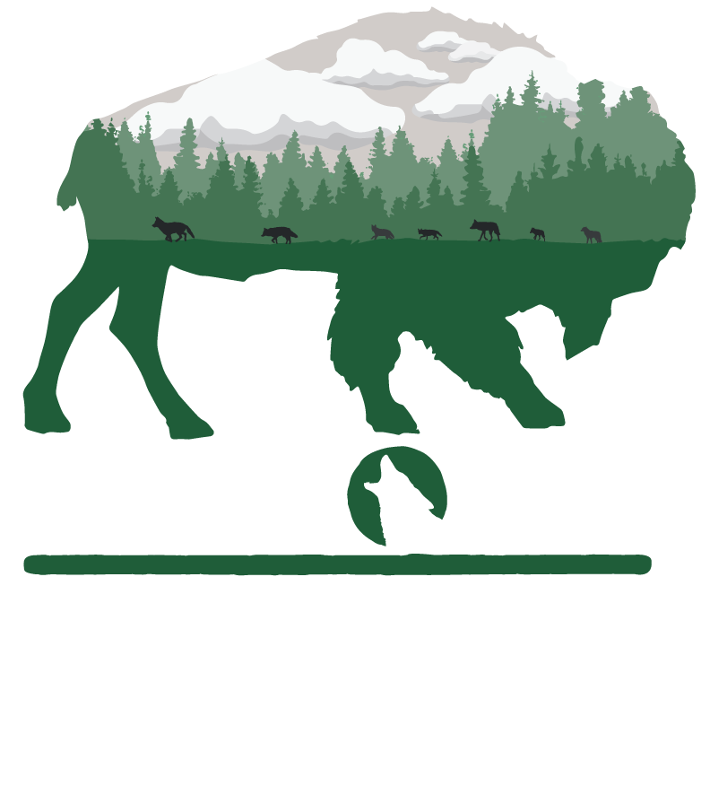 Logo of Coyote Run Ranch featuring a silhouette of a bison integrated with a forest landscape and wildlife, emphasizing nature and outdoor experiences.