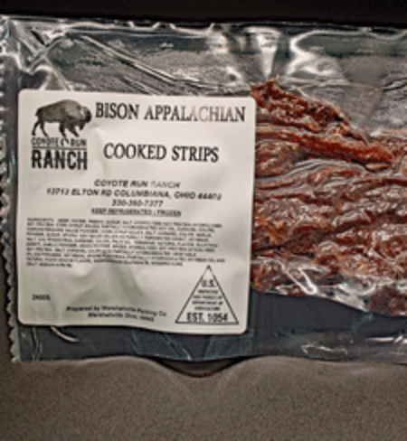 Bison Appalachian cooked strips packaging from Coyote Run Ranch, featuring a clear label with nutritional information and contact details.